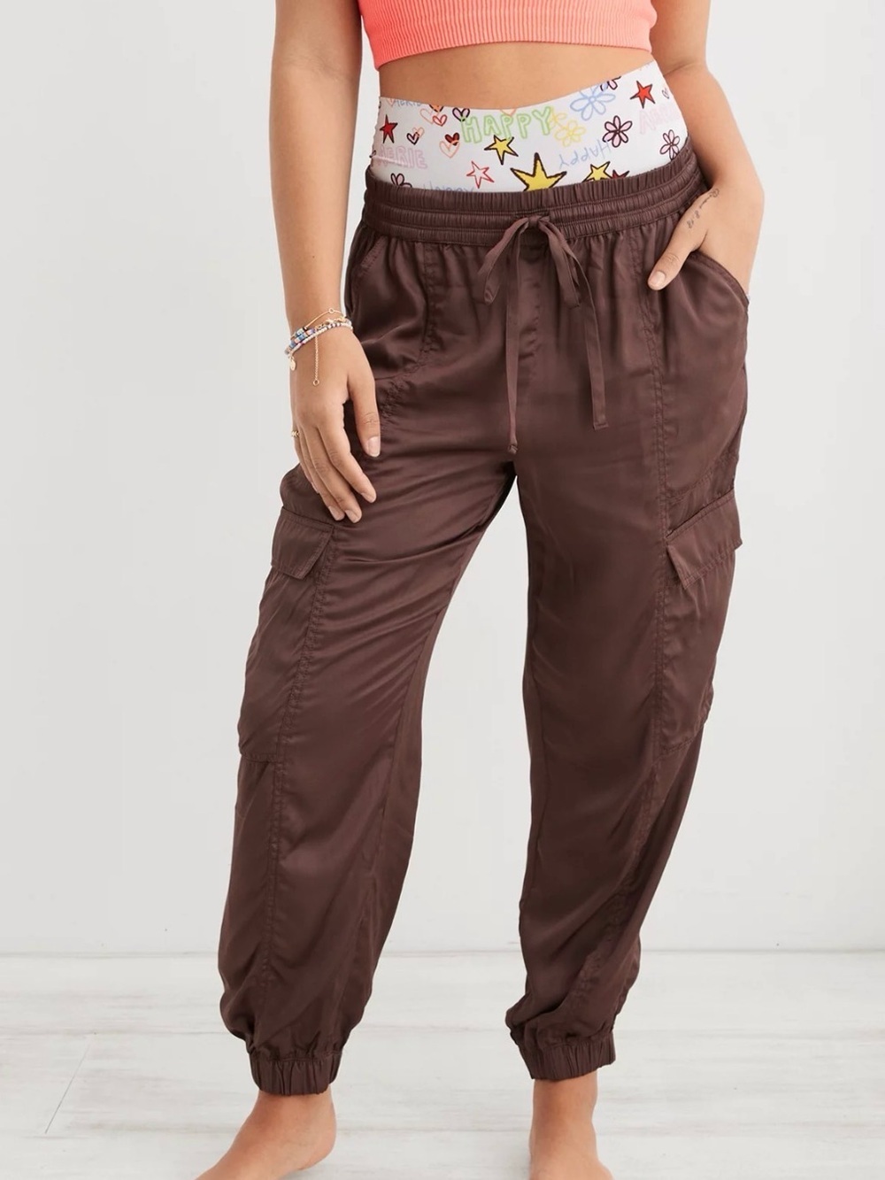 Aerie Chocolate Brown Satin Cargo Joggers Pants Drawstring Small - Picture 2 of 7